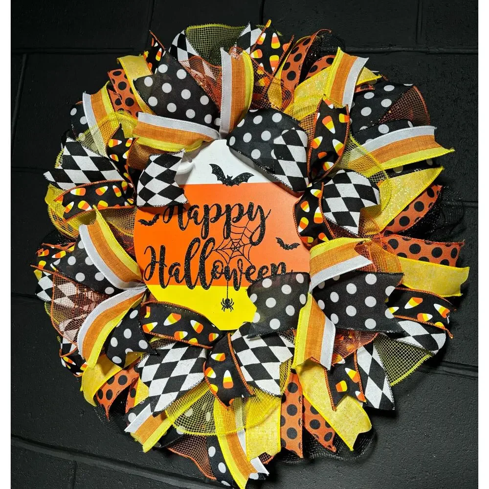 Halloween Wreath~Candy Corn, Trick Or Treat~Large~Front Door~Handmade 22 inch